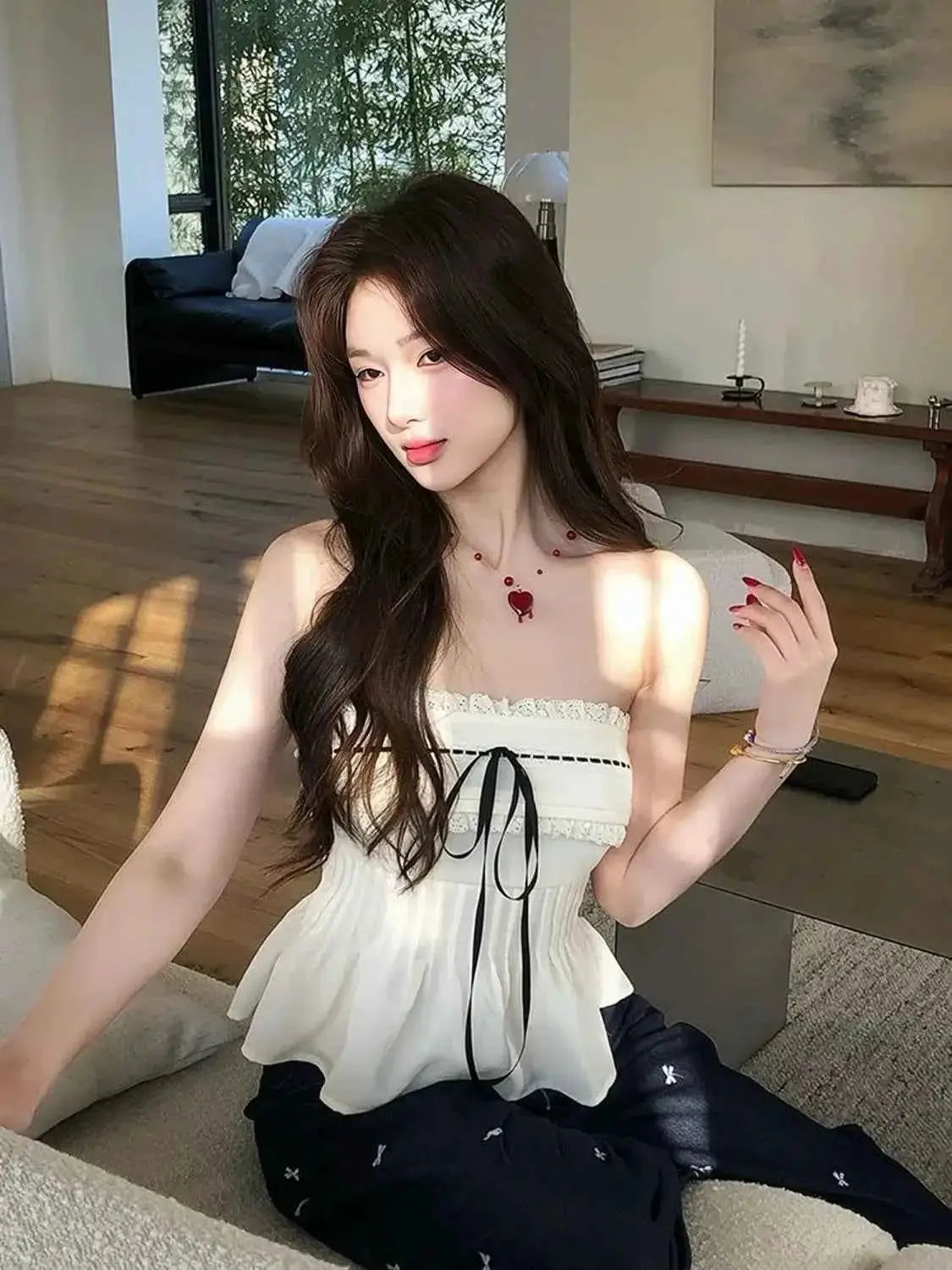 Sexy White Lace Hanging Neck Camisole Vest Women Summer With Chest Cushion Vest Top