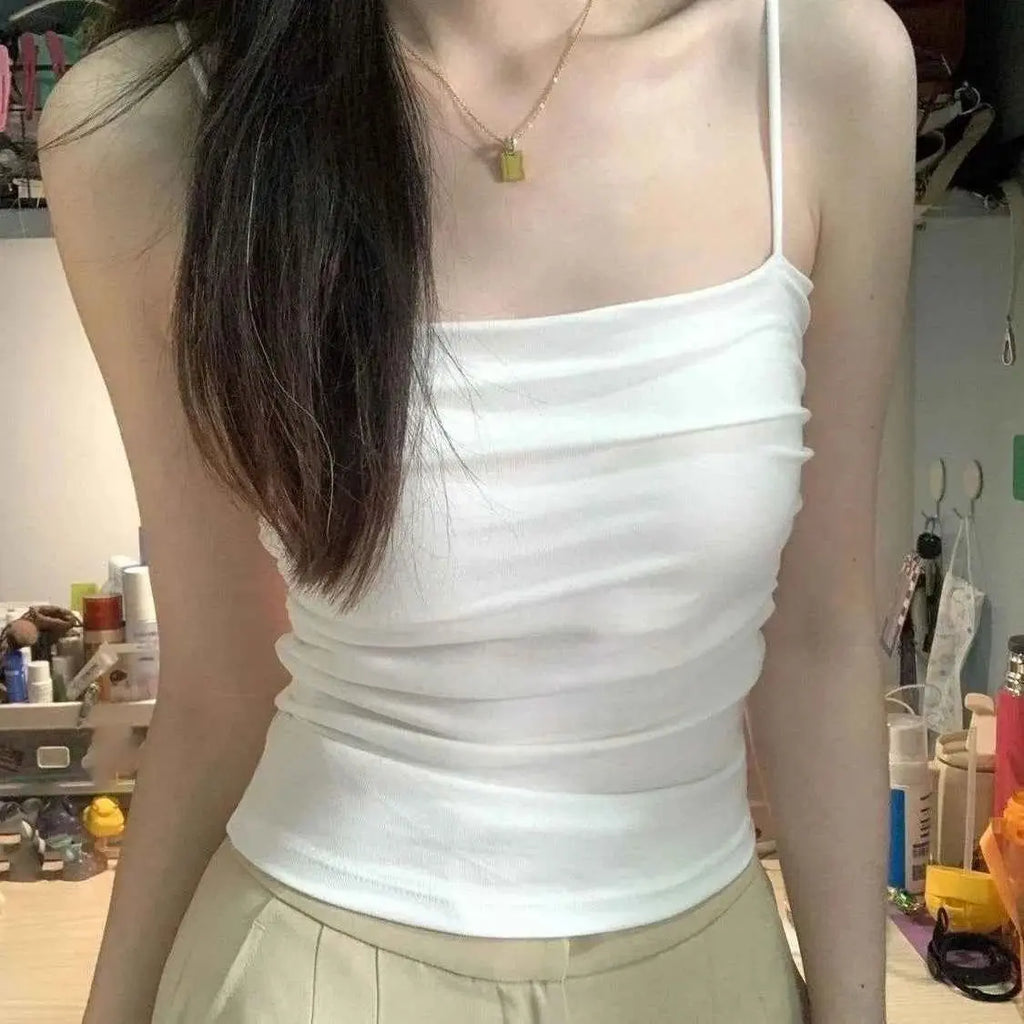 Summer Camisole Tank Tops for Women with Built-In Bra - Spaghetti Strap Sleeveless Casual Cropped Vests in Solid Colors