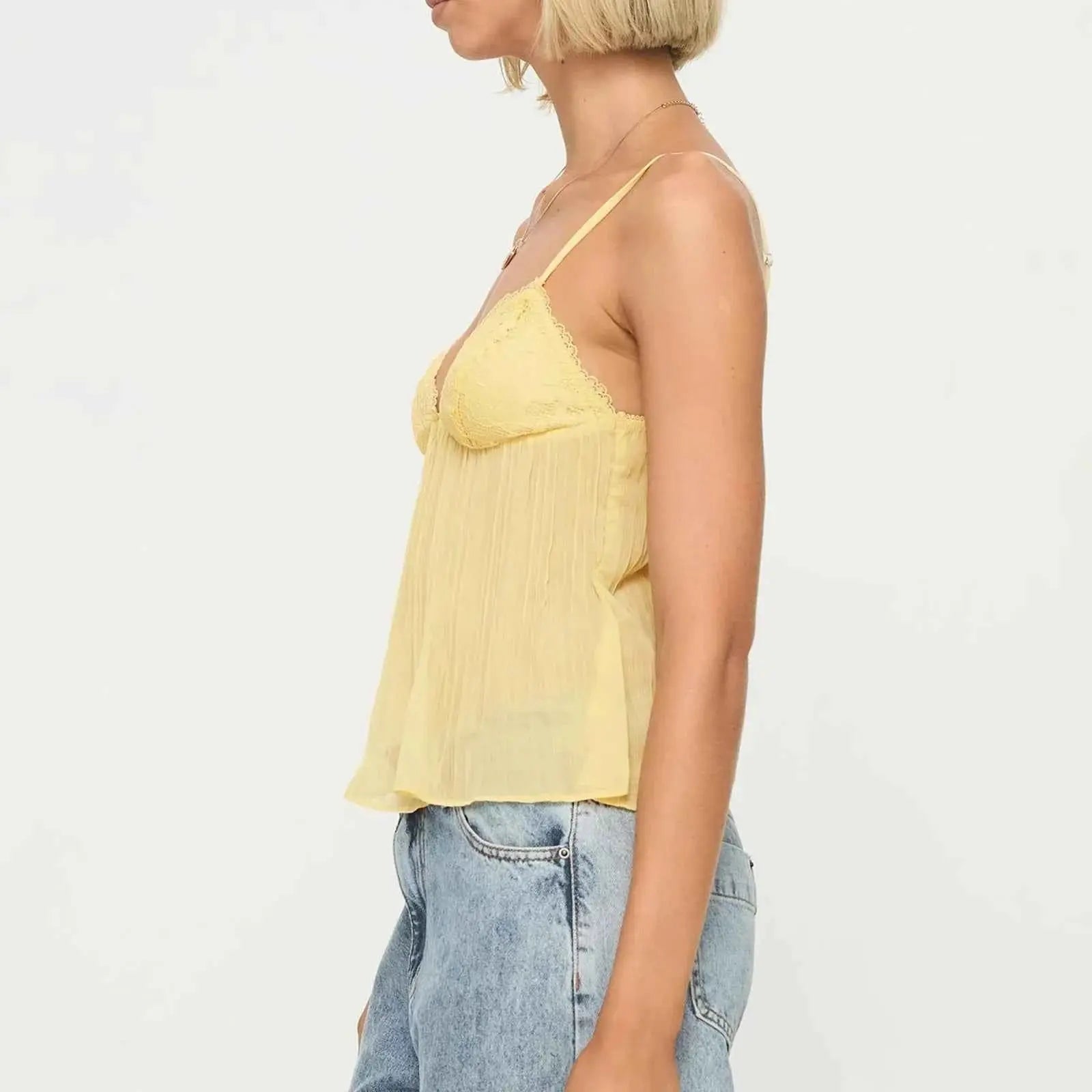 Women's Lace Pleated Camisole Bowknot Front Spaghetti Strap V-Neck Lace Cropped Tops Summer Sleeveless Vest Aesthetic Clothes