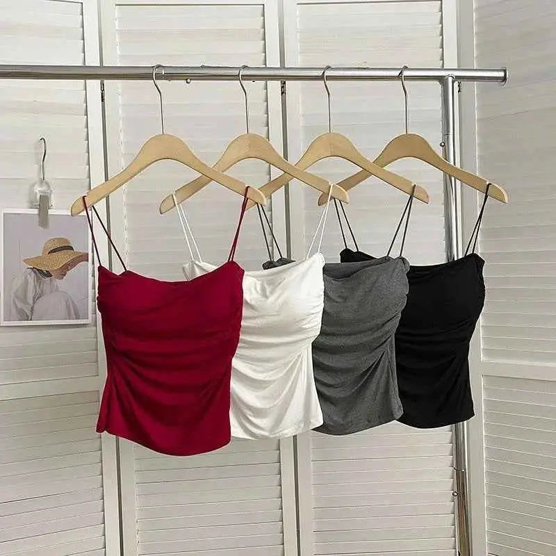 Summer Camisole Tank Tops for Women with Built-In Bra - Spaghetti Strap Sleeveless Casual Cropped Vests in Solid Colors